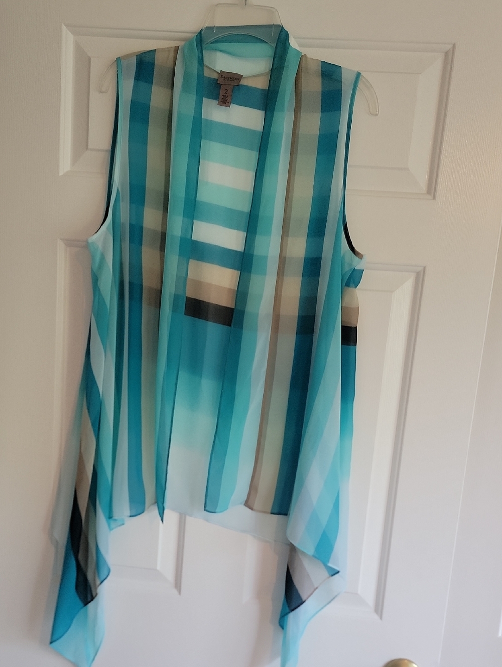 Chico's Sleeveless Teal and Aqua Striped Draped Tunic Topper, Size 2 (L)